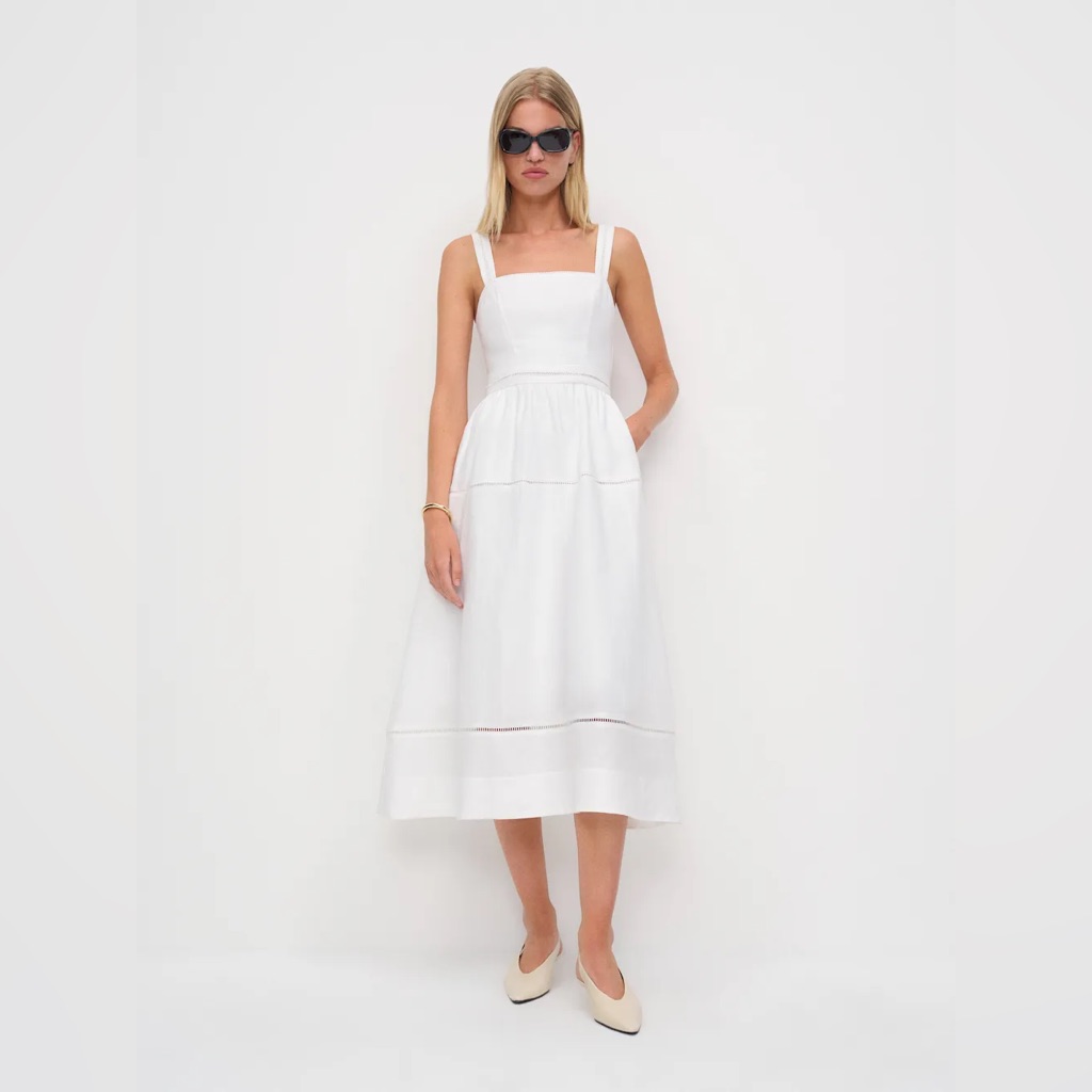 New Reformation Everett Linen Midi Dress White | Us 6 Uk 10